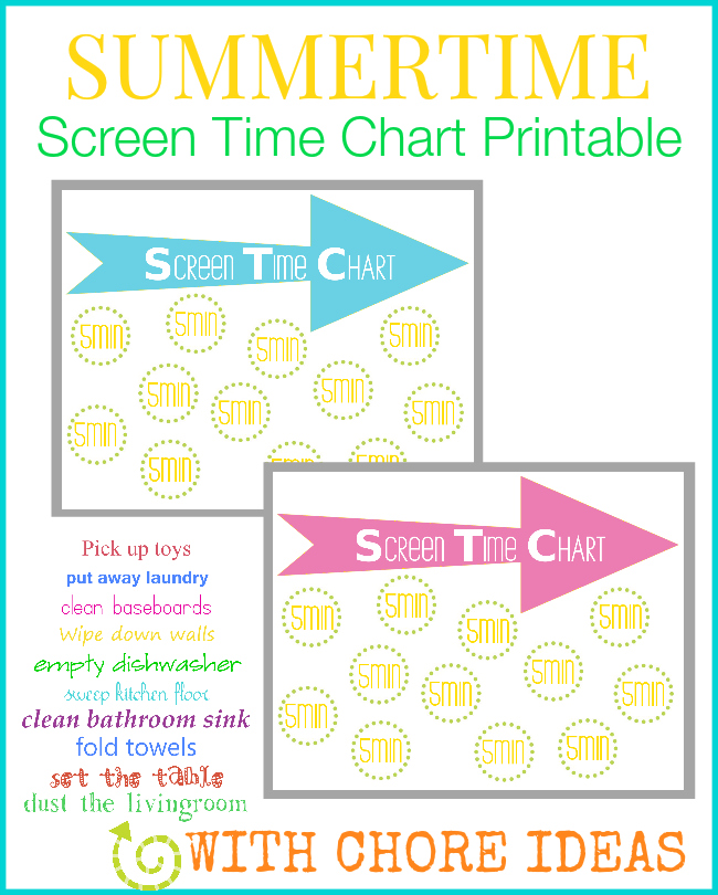 Printable Screen Time chart for kids, plus a printable list of chores they can do to earn their screen time. This is perfect for regulating TV & computer time this Summer